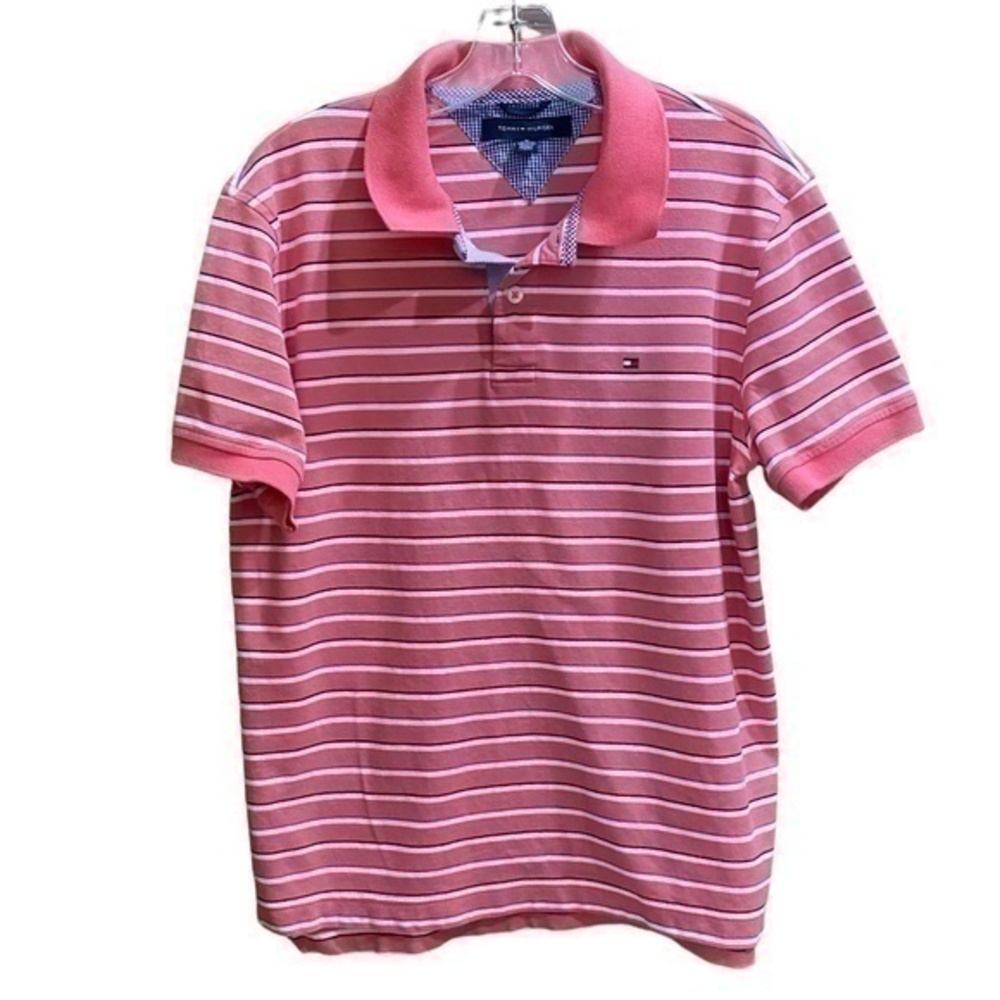 Tommy Hilfiger Collar Button Down Salmon Striped Polo Shirt Mens Size Medium